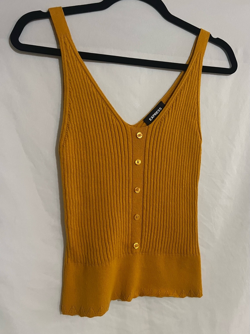 Express Ribbed V-Neck Button-Front Tank in Mustard